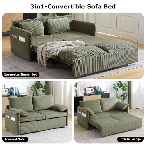 65" Convertible Sofa Bed Loveseat, Corduroy Sleeper Couch, 3 in 1 Folding Couch Sofa for Small Spaces,Apartment and Living Room. (Green)