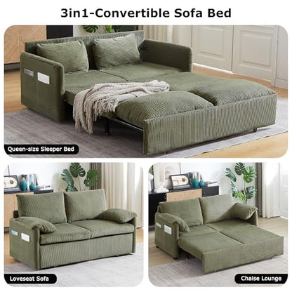 65" Convertible Sofa Bed Loveseat, Corduroy Sleeper Couch, 3 in 1 Folding Couch Sofa for Small Spaces,Apartment and Living Room. (Green)