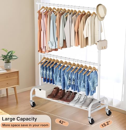 MISSLO Heavy Duty Clothing Racks for Hanging Clothes Rack Double Rod Garment Rack Rolling Closet Wardrobe Rack on Wheels, Metal, Adjustable, White - color: White