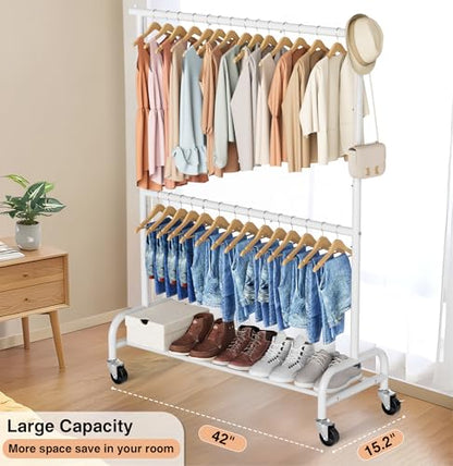 MISSLO Heavy Duty Clothing Racks for Hanging Clothes Rack Double Rod Garment Rack Rolling Closet Wardrobe Rack on Wheels, Metal, Adjustable, White - color: White