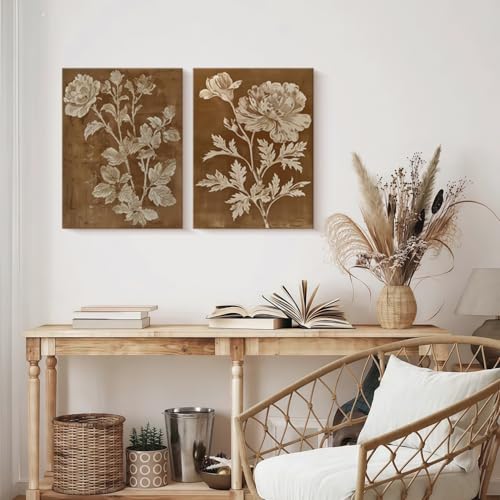 2 Piece Vintage Botanical Floral Wall Art Brown Flowers Wall Decor Vintage Botanical Prints Nature Boho Vintage Home Decor Print for Living Room Bedroom 12x16 Inch Ready to Hang - color: Brown Botanical, size: 16"L x 12"W