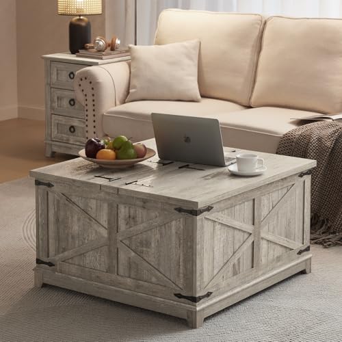 Joaxswe Farmhouse Coffee Table with Hidden Storage Organizer, Modern Square Large Center Table, Wood Farm House Low Rustic Light Oak Living Room Tables with Hinged Lift Top for Home, Office - color: Light Oak, style: With Legs