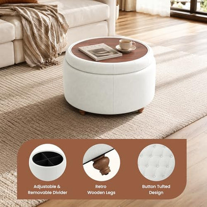 25" Round Ottoman with Storage, Small Coffee Table with Reversible Tray Lid | Tufted Fabric Round Storage Ottoman with Solid Wood Legs, 3-in-1 Footrest for Living Room, Bedroom, Entryway, Beige - color: Beige