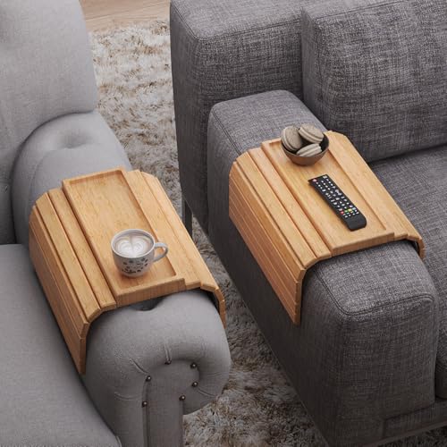2 Pack Bamboo Folding Sofa Arm Tray with Anti-Slip Pad (Natural) | Couch Armrest Tray,Foldable Build, Space-Saving Storage, No Assembly, easy to clean, universal arm fit,Gift box - color: Natural