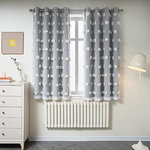 MYSKY HOME Grey Curtains for Bedroom - 54 Inch Long, Double Layer, White Pom Pom, Sheer, Grommet, Darkening, Small Window, 2 Panels, 52 x 54 in - color: Grey, size: 52"W x 54"L (Pack of 2)