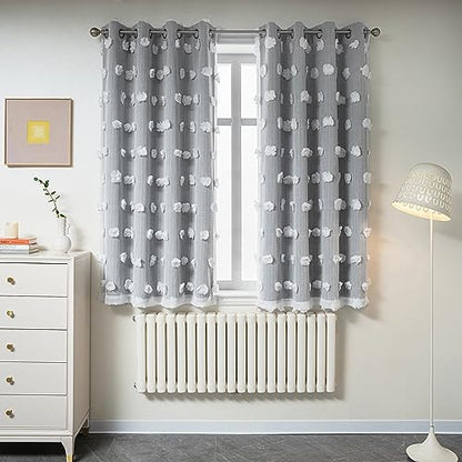 MYSKY HOME Grey Curtains for Bedroom - 54 Inch Long, Double Layer, White Pom Pom, Sheer, Grommet, Darkening, Small Window, 2 Panels, 52 x 54 in - color: Grey, size: 52"W x 54"L (Pack of 2)