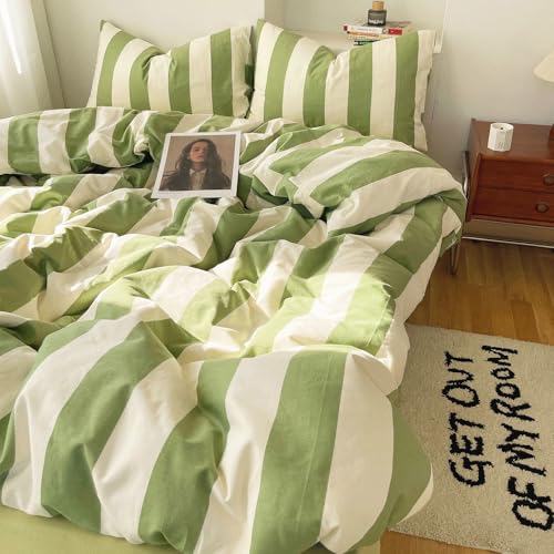 LifeTB Sage Green and White Striped Duvet Cover Set Twin, 100% Washed Microfiber Soft Breathable Striped Bedding Set, 3 Pieces Retro Stripes Pattern Printed Comforter Cover with 2 Pillowcases - color: 09# Sage Green Striped, size: Twin(68"x86")