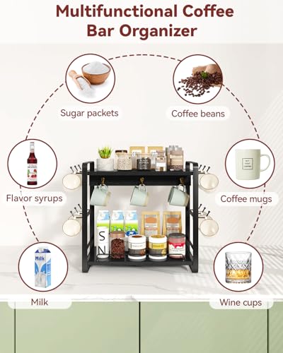 IBUYKE Kitchen Mug Cup Holder,2 Tier Coffee Bar Organizer,Black TBJ006B | Coffee Bar Station Countertop Organizer Coffee Mug Stand with 18 Hooks,Multifunctional Mug Tree for Home Kitchen Office - color: Black