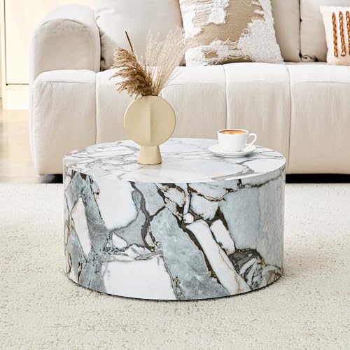 Round Coffee Table, 23.6" Modern Faux Marble Drum Coffee Table, Round Accent Center Table for Living Room Apartment Small Spaces, No Assembly Required - color: 24'' Rock White, size: 24'' Round Coffee Table
