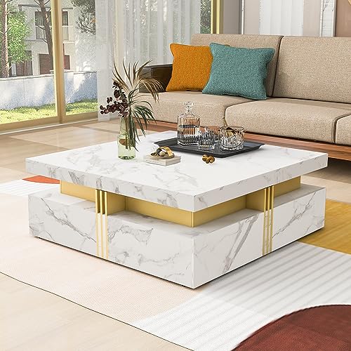 Modern White Square Storage Coffee Table with 4 Drawers for Living Room - color: White1