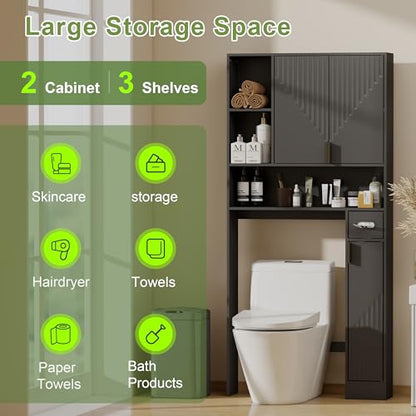 GOODONE Black Over The Toilet Storage Cabinet - with 3 Doors and Toilet Paper Holder Stand, FreeStanding, for Bathroom, Restroom, Laundry - color: Black