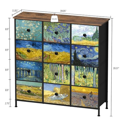 EXOTICA Dresser for Bedroom with 12 Drawers Tall Dresser & Chest of Drawers Fabric Dressers Storage Tower for Living Room Closet Hallway with Wooden Top and Metal Frame - size: 39.1"D x 11.8"W x 39.4"H (12 Drawers)