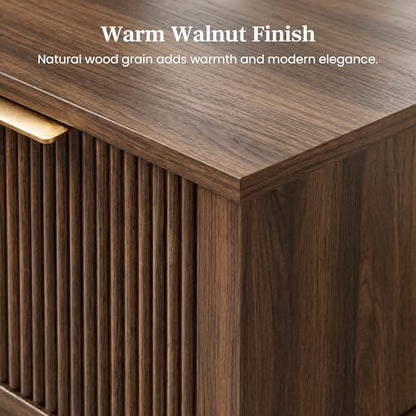 Dark Walnut 15.4" Wide Small Nightstand with Drawer,Open Shelf,Fluted | Deep wood tone, ribbed fluted front, 11.8-inch slim depth, concealed storage, styled for bedside, sofa side, or chair side - color: Dark Walnut