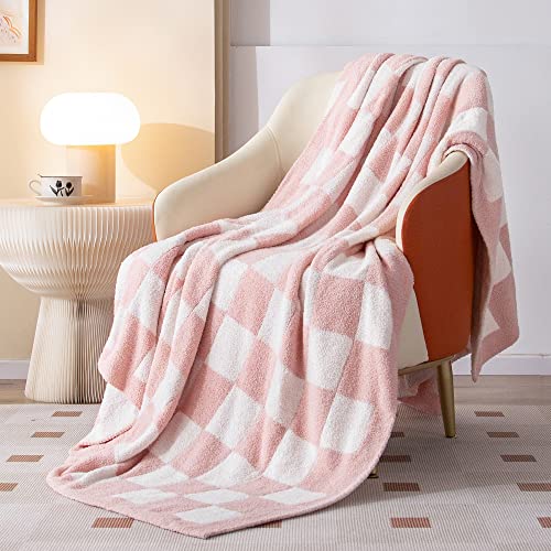 SeaRoomy Fuzzy Checkered Throw Blanket for Couch,Light Pink 60"X79" | Warm,Cozy,Fluffy,Lightweight,Gift for Women Couch Sofa Bed Room Decor - color: Light Pink, size: 60"×79"