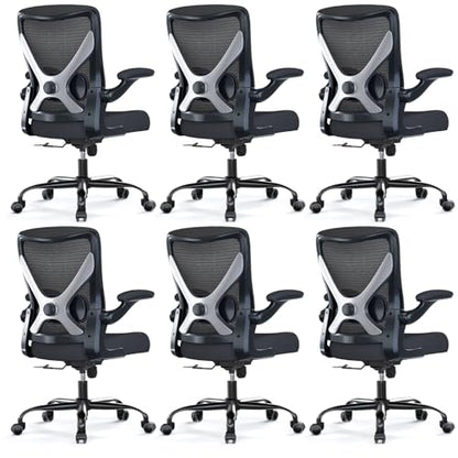 Office Chair: Mesh Ergonomic Desk Chair with 3D Lumbar & Swivel | 330LBS Computer Chair-Executive Task Chairs with Flip-up Arms Home Office Chairs Gaming Chair for Long Hours(Black-Pack of 6) - color: Black, size: Pack of 6