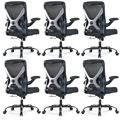 Office Chair: Mesh Ergonomic Desk Chair with 3D Lumbar & Swivel | 330LBS Computer Chair-Executive Task Chairs with Flip-up Arms Home Office Chairs Gaming Chair for Long Hours(Black-Pack of 6) - color: Black, size: Pack of 6