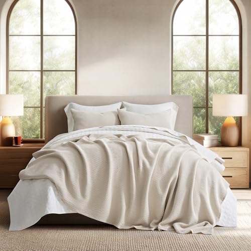 100% Cotton Waffle Coverlet Set, Queen Size, Birch | Soft Premium Waffle Weave Cotton Bed Blanket, Lightweight Oversized Bedspread, All Season 3-Piece Bedding Set with 2 Shams - color: Birch, size: Full/Queen (92" X 96")