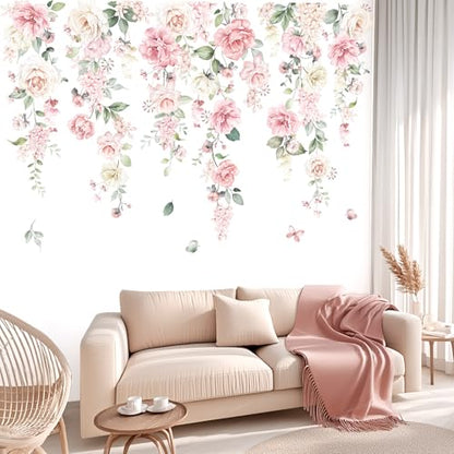 wondever Large Pink Flowers Wall Stickers Hanging Vine Floral Leaves Peel and Stick Wall Art Decals for Baby Nursery Girls Bedroom Living Room