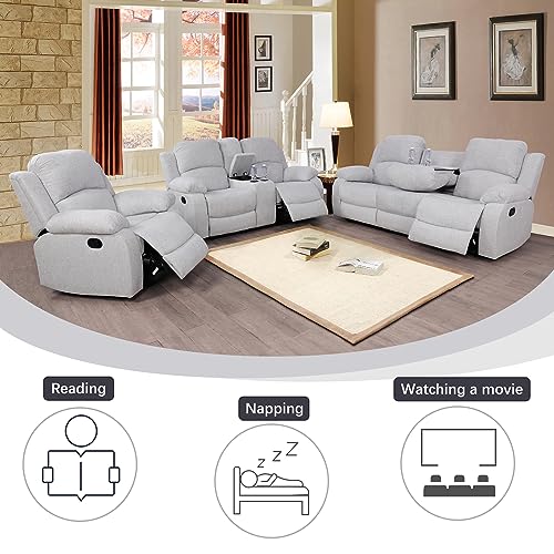 A Ainehome Living Room Furniture Set 3 Pieces Grey Microfiber Recliner Sofa Set Loveseat Chair Furniture Sofa Set for Living Room/Rv/House/Office/Theater Seating (A-Grey White Microfiber,3 Piece Set) - color: A-grey White Microfiber, size: 3 piece set