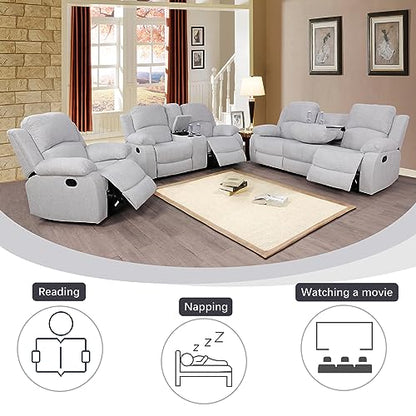 A Ainehome Living Room Furniture Set 3 Pieces Grey Microfiber Recliner Sofa Set Loveseat Chair Furniture Sofa Set for Living Room/Rv/House/Office/Theater Seating (A-Grey White Microfiber,3 Piece Set) - color: A-grey White Microfiber, size: 3 piece set