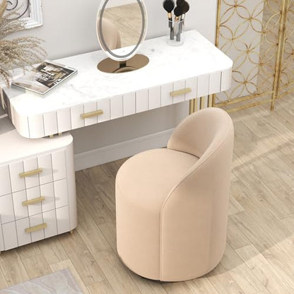 HNY Upholstered Kitchen & Dining Room Barrel Chair, Mid Century Modern Round Velvet Dining Chair, 360 Degree Swivel Comfy Armless Accent Makeup Vanity Side Chair for Bedroom Living Room, Khaki - color: Khaki
