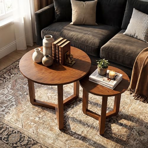 GIANTEX Round Nesting Coffee Table Set of 2, Wood End Tables, Walnut | Thickened Top & Solid Rubber Wood Legs, Farmhouse Sofa Side Table for Small Spaces Living Room Bedroom - color: Walnut