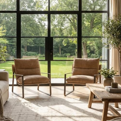 Set of 2 Modern Accent Chair, Linen Living Room Chair, Khaki | Comfy Armchairs, Upholstered Lounge Armchair, Removable Seat Cushion, Bronze Metal Frame, For Reading Room, Bedroom, Balcony - color: Khaki-bronze Legs, size: 2PCS