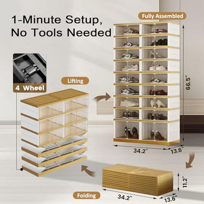 SYNCVIBE Foldable Shoe Organizer, 9 Tier, 36 Pairs, 34.2" Wide, White Gold | Foldable Shoe Rack, Collapsible Shoe Cabinet with Doors, Stackable Shoe Shelves for Closet, Entryway and Living Room - size: 9 Tiers -36 Pairs White Gold