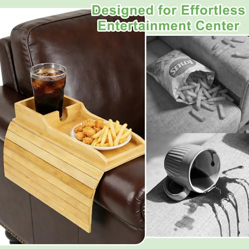 RETON 2 Pack Bamboo Couch Armrest Tray with Sofa Cup Holder, Anti-Slip Foldable Couch Arm Tray Table Organizer for TV Remote Drinks Cups Cellphone Snacks
