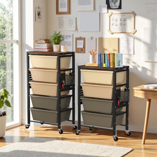 Rolling Cart with 5 Drawers, Plastic Drawer Storage Carts with Wheels & Wooden Tabletop, Metal Utility Cart with Pegboards, Office Living Room Classroom Craft Organization and Storage, Dark Brown - color: Dark Brown, size: 5-drawer
