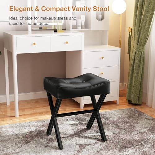 18-Inch Leather Vanity Stool Chair, Black | Vanity Bench, Metal X-Leg, Ottoman Accent Stool, Thick Padded Saddle Seat, 300 LBS, 16.3"x12.4"x18", For Living Room, Bedroom - size: Small, style: Black Leather