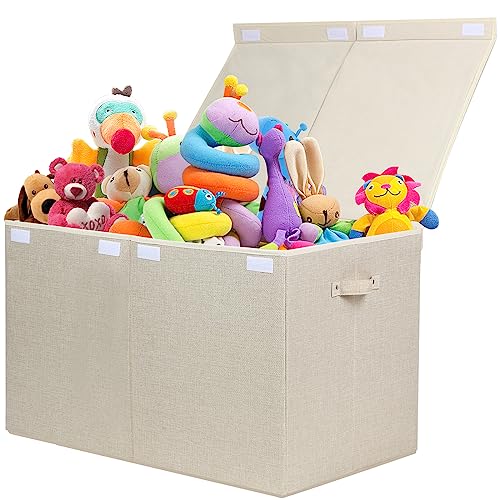 122L Large Toy Box Chest Storage with Lid, Collapsible Kids Toy Storage | Toy Chest with with Removable Divider for Kids, Boys, Girls, Nursery, Living Room, Bedroom, 26"x17" x17" (Linen Beige) - color: Extra Large Beige