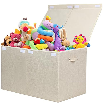 122L Large Toy Box Chest Storage with Lid, Collapsible Kids Toy Storage | Toy Chest with with Removable Divider for Kids, Boys, Girls, Nursery, Living Room, Bedroom, 26"x17" x17" (Linen Beige) - color: Extra Large Beige