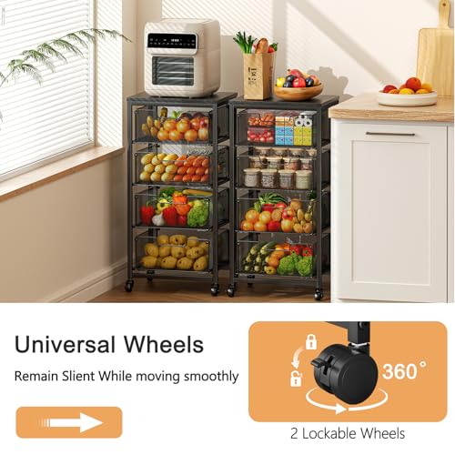 4-Tier Fruit Vegetable Storage Cart - Kitchen Organizer and Storage Cart with Wheels, Wooden Top Metal Wire Fruit Vegetable Rack Stand with Drawers to Storage Cans Snacks for Kitchen(Patent Pending) - size: 4-Tier