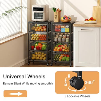 4-Tier Fruit Vegetable Storage Cart - Kitchen Organizer and Storage Cart with Wheels, Wooden Top Metal Wire Fruit Vegetable Rack Stand with Drawers to Storage Cans Snacks for Kitchen(Patent Pending) - size: 4-Tier