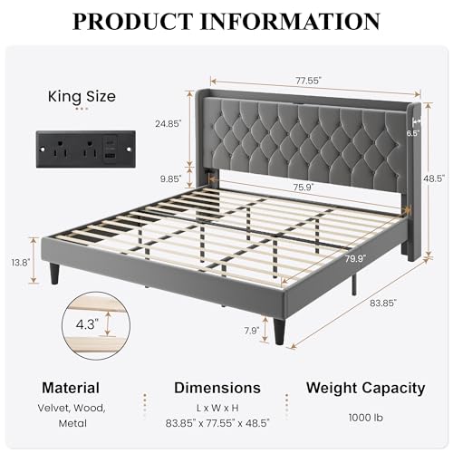 SHA CERLIN King Size Platform Bed Frame with Charging Station, Velvet Wingback Headboard with Storage Shelf, Wooden Slats Support, Ample Under-Bed Space, No Box Spring Needed, Easy Assembly, Grey - color: Grey, size: King