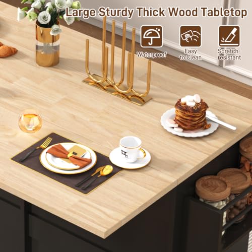 chartustriable 51" Kitchen Island with Drop Leaf,Kitchen Island Cart W/Rolling Trash Cabinet,Folding Drop Leaf,2 Drawers,Movable Carts on Wheels with Spice Rack&Towel Rack for Home, Dining Room - color: Black, size: 29.5"D x 51.2"W x 35.8"H