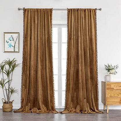 Benedeco Pom Pom Velvet Blackout Curtains 52x90, Toffee Camel, 2 Panels | Elegant Room Darkening Thermal Insulated Energy Saving Noise Reducing Boho Drapes for Bedroom, Living Room - color: A-camel, size: 52"W x 90"L (Pack of 2)