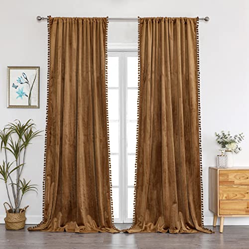 Benedeco Pom Pom Velvet Blackout Curtains 52x108, Toffee Camel, 2 Panels | Elegant Room Darkening Thermal Insulated Energy Saving Noise Reducing Boho Drapes for Bedroom, Living Room - color: A-camel, size: 52"W x 108"L (Pack of 2)