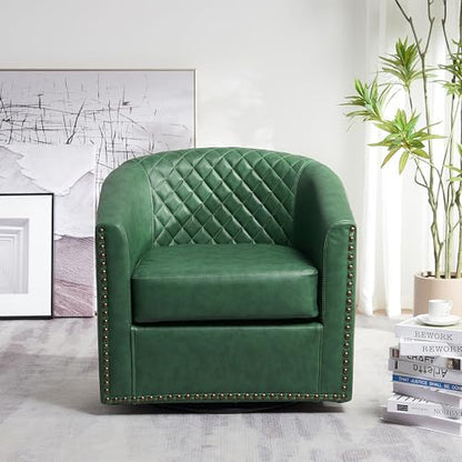 KINWELL 29" W Faux Leather Tufted PU Swivel Barrel Accent Chair, Green | No Assembly Vegan Leather Upholstered Swivel Club Chair with Nailhead Trim, Modern Armchair for Small Spaces Apartment - color: Green, style: Set of 1