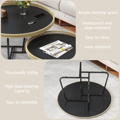 Round Woven Nesting Table, Wicker Coffee Table and Side Table Set of 2 | Metal Legs, for Living Room\ Outdoor\ Bedroom\ Office\ Balcony\ Patio, with Lip on Top