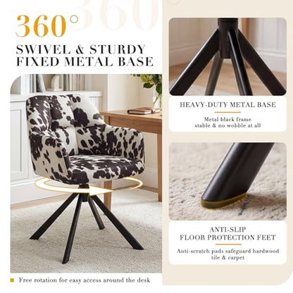 EALSON Comfy Velvet Desk Chair Modern Computer Task Chair no Wheels Swivel Accent Chair with Mid Back Arm Chair for Living Room/Bedroom/Home Office, Cow Print - color: Cow Print