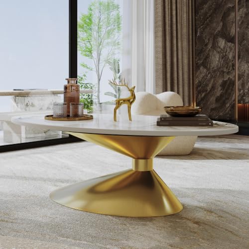 49.2" Oval Marble Coffee Table with Gold Stainless Steel Base, Luxury Sintered Stone Top Center Cocktail Tea Tables for Living Room,Easy Assembly - color: Style 4: Gold Base