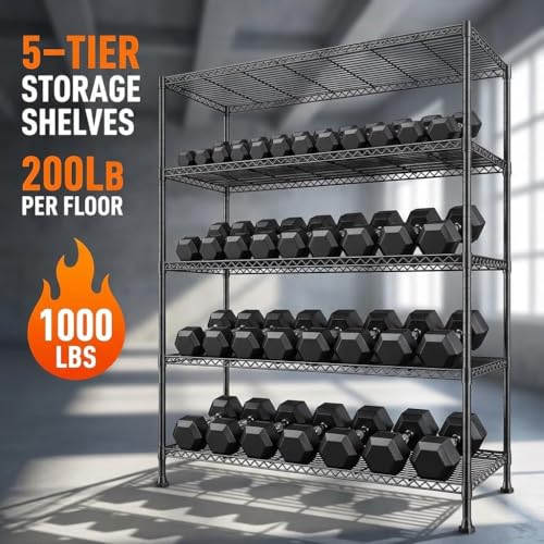 REIBII 5-Tier Storage Shelves, Space Saving&1000LBS Heavy Duty for Garage | Powder Coated Waterproof, Tool-Free, 45.8" W Freestanding Shelving, Rust-resistant Storage Shelves, Anti-Tipping, Adjustable - size: 5 Tier, 45.8" W x 71" H x 17.2" D