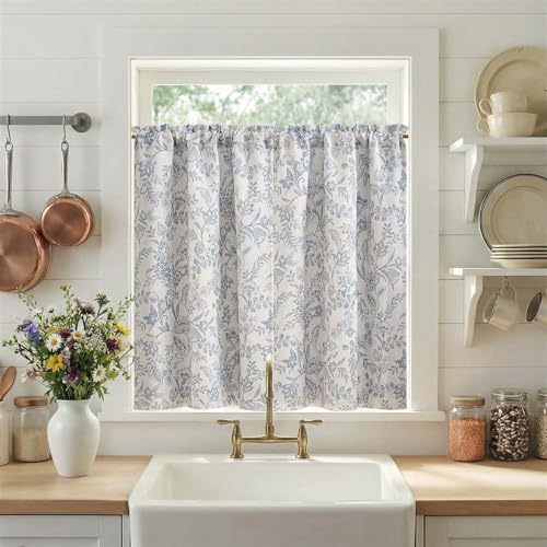 jinchan Floral Kitchen Curtains for Windows 36 Inch Linen Lined Tier Farmhouse Cafe Curtains Country Botanic Small Window Rod Pocket Rustic Flax for Laundry Bathroom RV 2 Panels Blue on Beige - color: Lined Blue on Beige, size: 25"W x 36"L (Pack of 2)