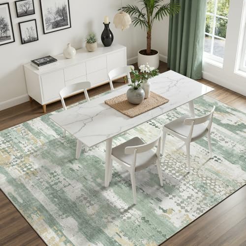 DCX Washable Abstract Area Rug 6x8, Non Slip Low Pile Rug, Sage Green | Easy to clean, non-shedding, soft, kid & pet friendly, with a non-slip rubber backing for living rooms, bedrooms, and offices - color: Green & White, size: 6' x 8'