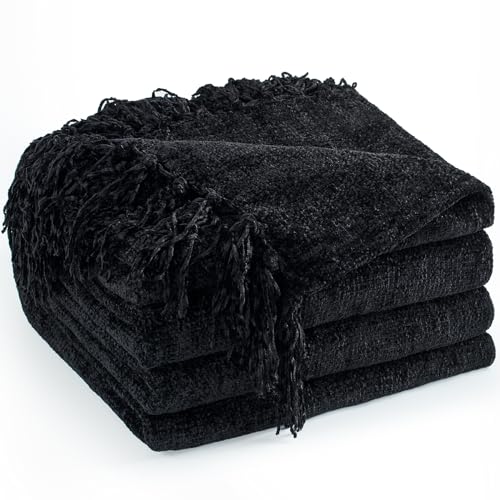 Chenille Throw Blanket for Couch 50" x 60", Black | Soft Cozy Luxury Throws with Fringe Tassel, Living Room Bed Sofa Chair Cover, Lightweight Knitted Boho Blankets Home Decor - color: Black, size: 50x60 inch