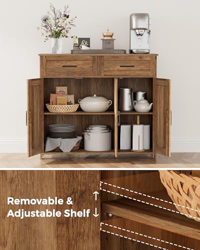 Homhedy Coffee Bar Storage Cabinet with Drawers, Kitchen Buffet Cabinet | Sideboard Cabinet with Doors, Farmhouse Buffet Cabinet, Adjustable Shelves, for Kitchen / Dining / Living Room, Rustic Walnut - color: Rustic Walnut