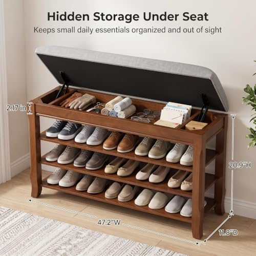 Solid Wood Shoe Rack for Entryway Bench, Flip-Top Soft-Close Lid, 47.2'' | 550 lbs Max Load, Adjustable Shelves, Cushioned Entryway Shoe Storage Organizer for Mudroom, Hallway - size: 47.2''