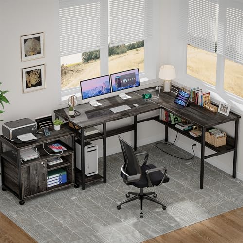 Unikito Reversible L Shaped Desk with Magic Power Outlets and USB Charging Ports, Sturdy Corner Computer Desk with Storage Shelves, Gaming Desk for Home Office, Easy to Assemble, Black Oak - color: Black Oak
